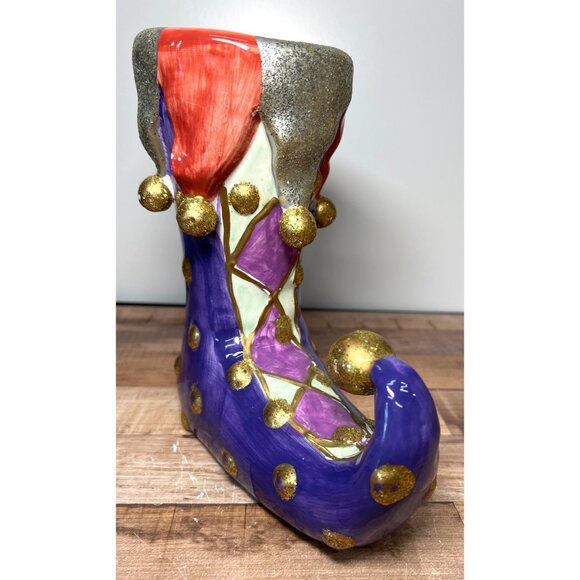 Christmas Whimsical Hand-Painted Ceramic Elf Boot Decorative - Picture 2 of 7